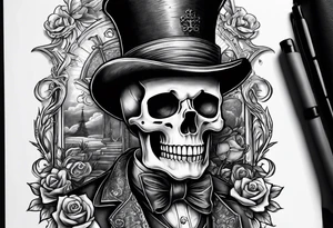 old time skeleton wearing a top hat holding a bible tattoo idea