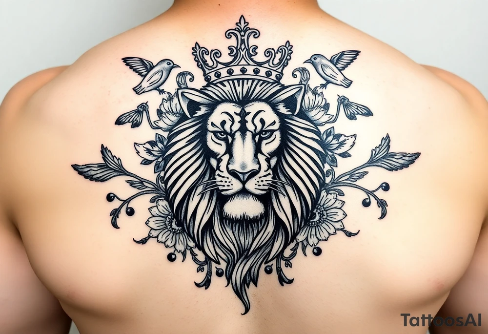 powerful majestic lion with a crown, surrounded by floral ornaments and birds tattoo idea