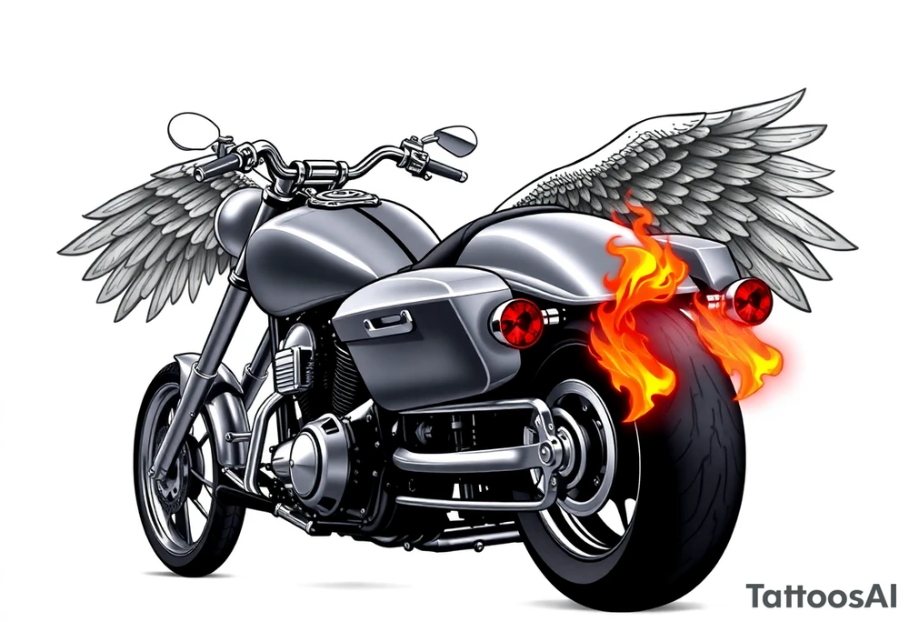 Low rider grey motorcycle, big muffler pipes with flames, angel wings, driving away, no person tattoo idea