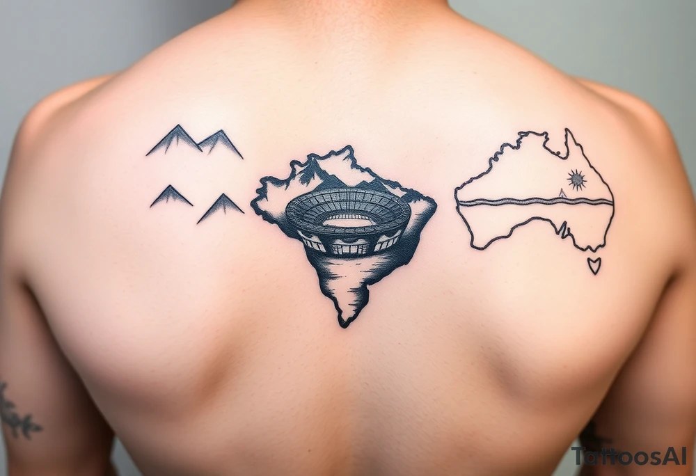 outline of North America, Brazil, Australia. Mountains in outline of North America, Soccer Stadium in outline of Brazil, and Beach in outline of Australia. tattoo idea