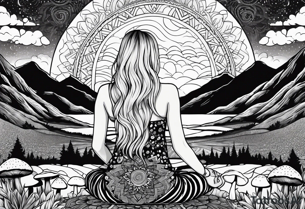 Straight blonde hair girl meditating facing away toward mountains surrounded by mushrooms crescent moon mandala circular design black and white striped dress tattoo idea