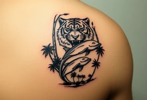 fierce tiger emerging through the trees with a jumping dolphin and palm trees underneath it tattoo idea
