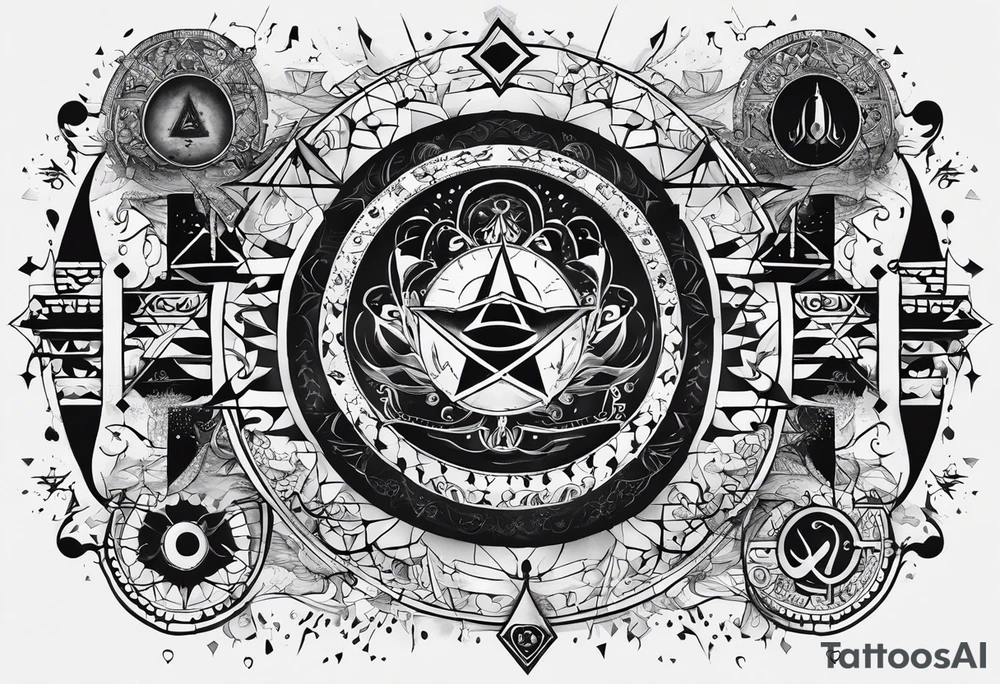 I want a mysterious enigmatic tattoo, with mysterious symbols and phrases, with the meaning of curiosity about conspiracy theories, the future, and the past, something that completes the upper part of the arm that is between the middle of the arm and the shoulder tattoo idea