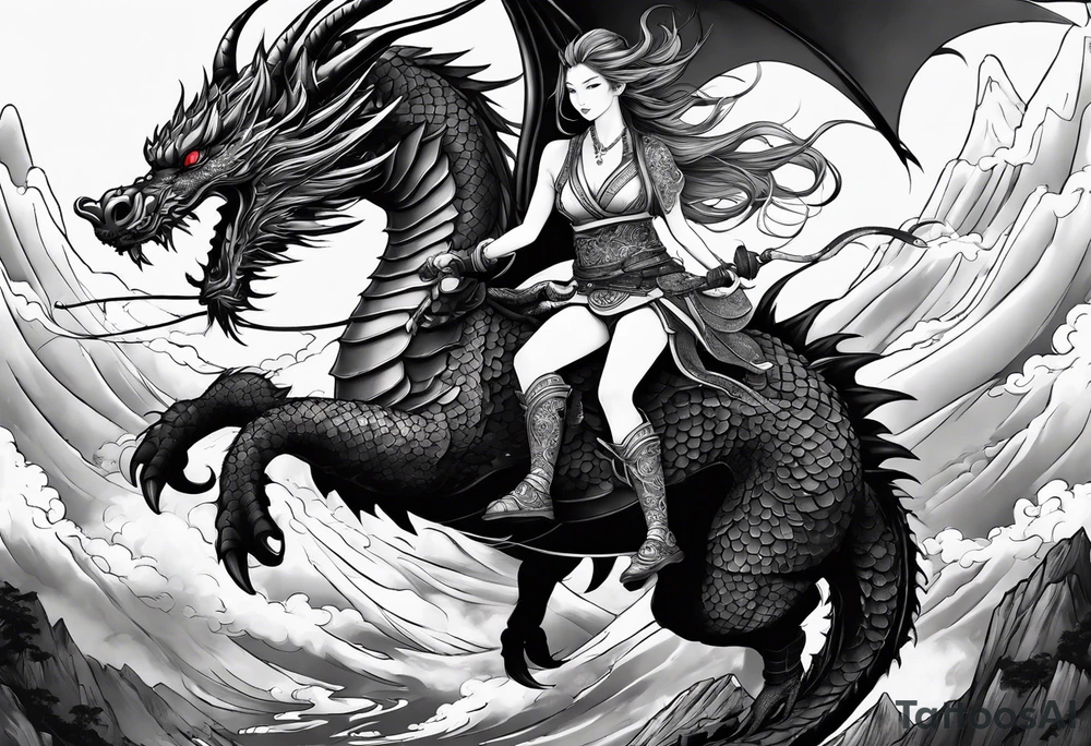 beautiful warrior nymph riding a dragon and the background will be mountains, clouds, and a Japanese building tattoo idea
