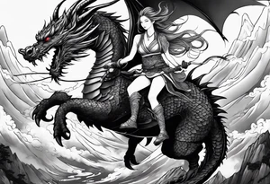 beautiful warrior nymph riding a dragon and the background will be mountains, clouds, and a Japanese building tattoo idea