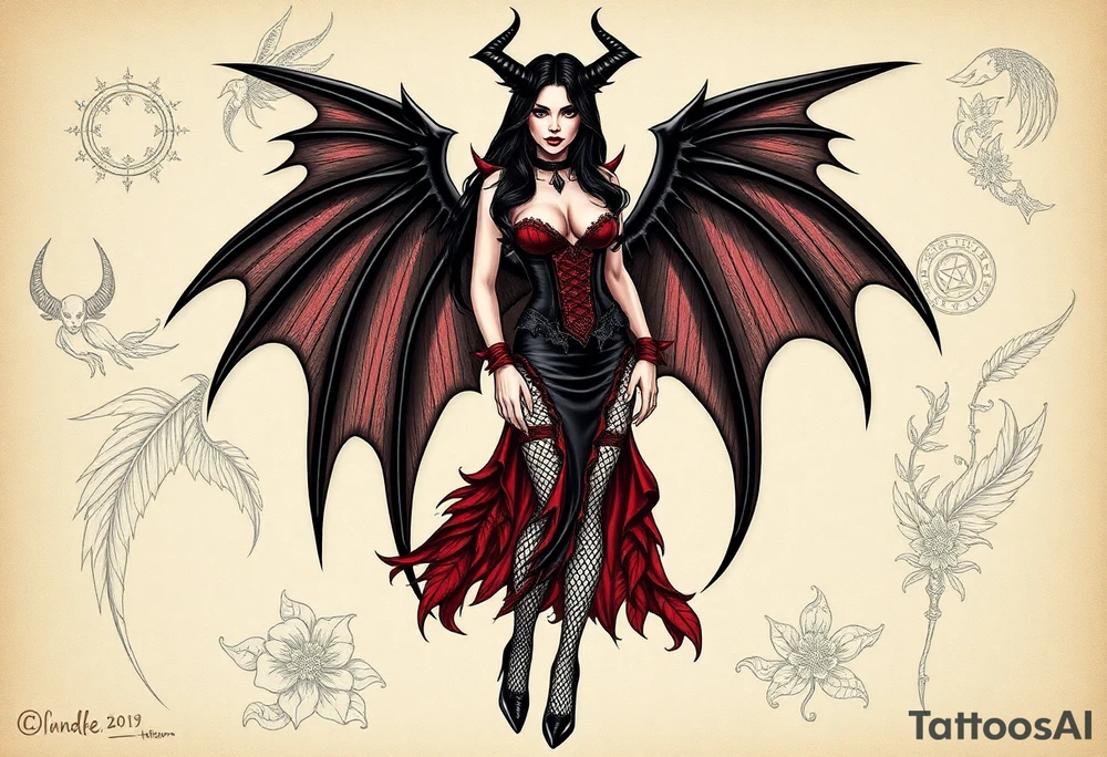 🔥 Image 1: Dark Demon Woman Tattoo Design

A seductive demoness with long black hair and sharp black horns stands confidently. She has large, leathery black wings with spiked edges extending from her back. Her outfit is a gothic corset-style dress with red accents and lace, combined with fishnet stockings and high heels. Her overall aura is dark, powerful, and alluring, blending elegance with danger. The background looks like a magical grimoire page, with handwritten runes and sketches of demonic wings and figures, giving it a mystical, ancient vibe.

Keywords: demon woman, succubus, gothic wings, red-black corset, dark fantasy, seductive devil, horned female, tattoo sketchbook

⸻

🌟 Image 2: Angelic Woman Tattoo Design

A beautifully detailed pencil sketch of an angelic woman with long flowing hair and magnificent feathered wings. She wears a flowing, nature-inspired gown adorned with floral and leaf patterns, blending elegance and divine femininity. Her expression is serene yet strong. The feathers and fabric flow gracefully around her, creating a sense of lightness and movement. The black-and-white pencil drawing gives it a timeless, classical tattoo appeal.

Keywords: angel woman, divine beauty, feathered wings, floral gown, feminine strength, heavenly figure, pencil sketch, classic tattoo tattoo idea