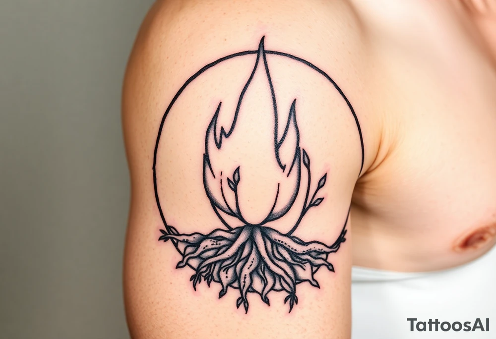 flame in a roots circle, with little sprouts on the outer circle tattoo idea