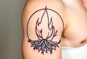flame in a roots circle, with little sprouts on the outer circle tattoo idea