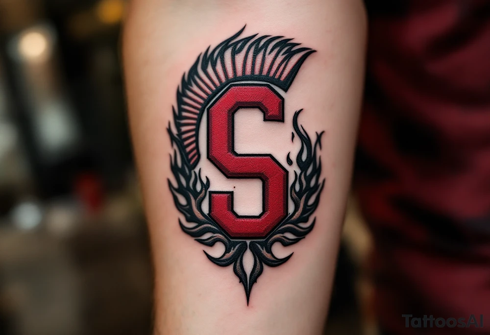 A bold red and burgundy "Sparta" with bold “S” crest wrapped in black flames on the forearm. tattoo idea