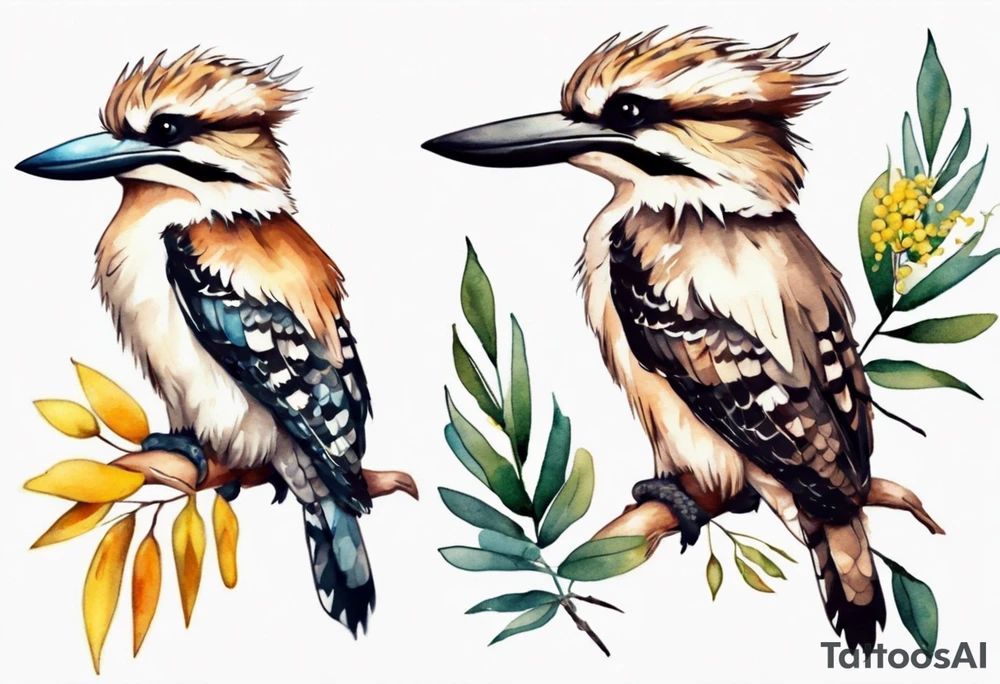 Small kookaburra sitting on wattle leaves tattoo idea