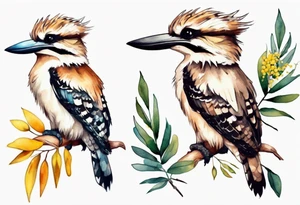 Small kookaburra sitting on wattle leaves tattoo idea