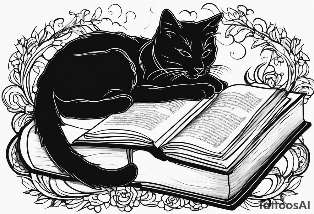 black sillhouette cat sleeping with a book sleeve tattoo tattoo idea
