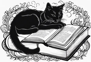 black sillhouette cat sleeping with a book sleeve tattoo tattoo idea