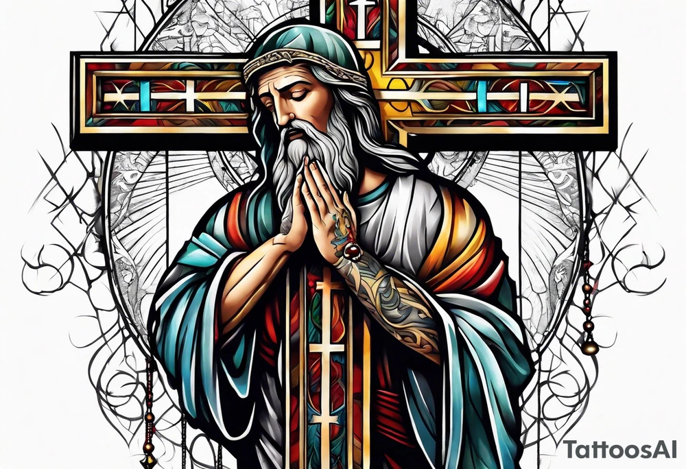 a man praying to the cross of Christ tattoo idea