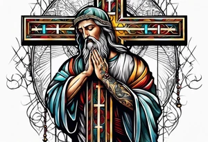 a man praying to the cross of Christ tattoo idea