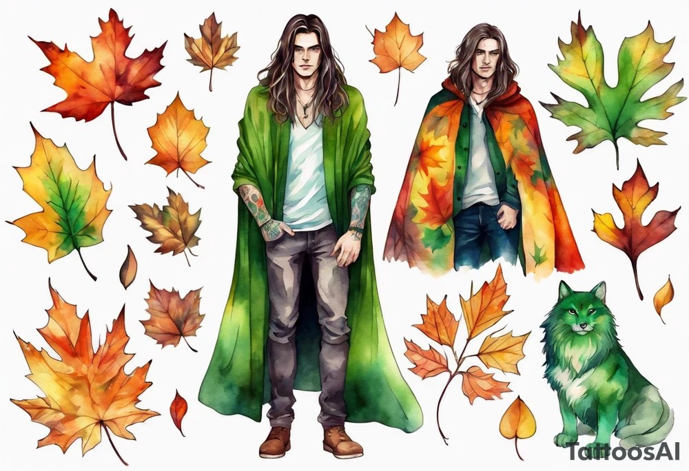 A young handsome man with green skin and long hair wearing a colorful cloak surrounded by autumn leaves tattoo idea