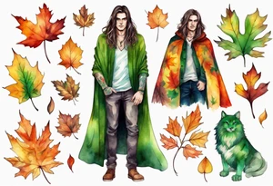 A young handsome man with green skin and long hair wearing a colorful cloak surrounded by autumn leaves tattoo idea