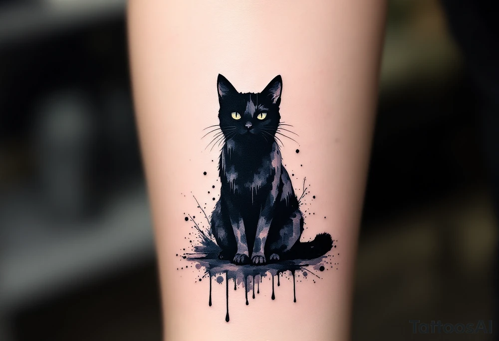 Ink Drip Cat Silhouette – A standing black silhouette with paint or ink dripping down from its paws, in jet black and fading gray. tattoo idea