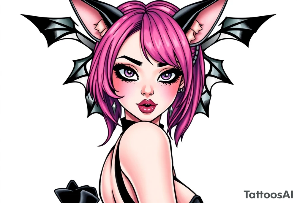 hot goth girl with puppy ears and with piercings on face and big boobs and big butt with black outfit on with pink hair tattoo idea