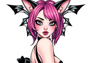 hot goth girl with puppy ears and with piercings on face and big boobs and big butt with black outfit on with pink hair tattoo idea