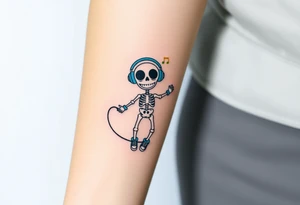 Cute smiley skeleton with love shape in his eyes jumping on a jump rope with blue headphones blue armbands blue sneakers and colorful  music notes around his head tattoo idea