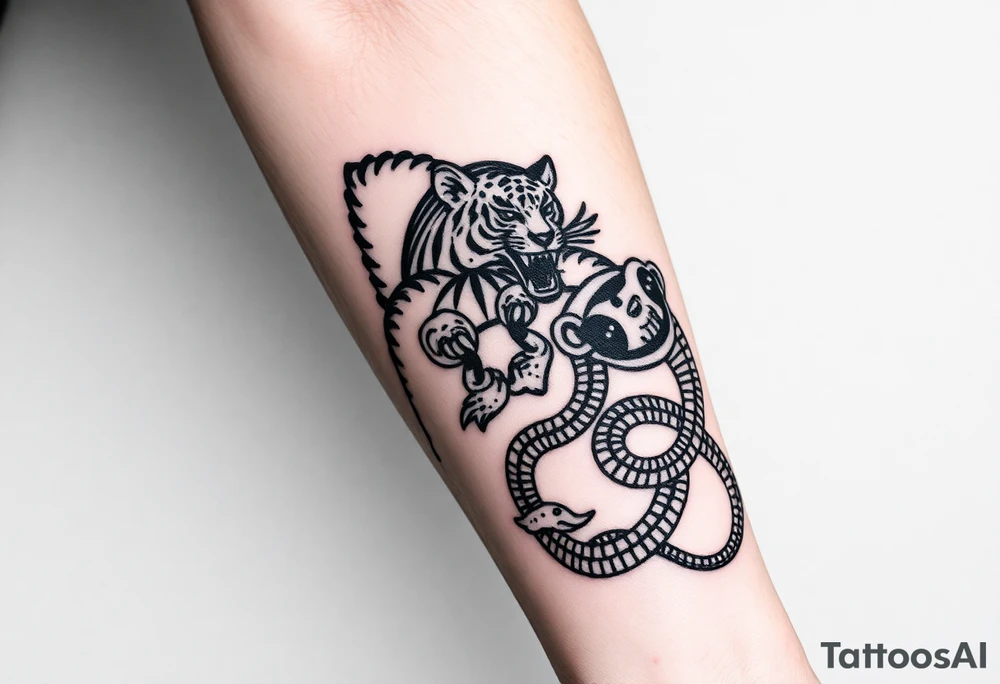 Crane, tiger, monkey and snake tattoo idea
