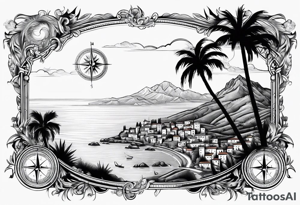 The Map of calabria with a compass sun and palm tree tattoo idea