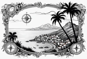 The Map of calabria with a compass sun and palm tree tattoo idea
