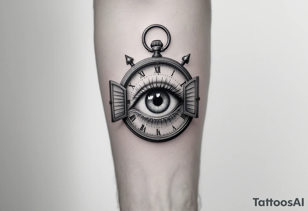 A surreal clock with an eye in place of the dial, eyelids opening like doors, intricate detail, realistic shading, black and gray. tattoo idea