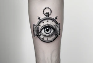 A surreal clock with an eye in place of the dial, eyelids opening like doors, intricate detail, realistic shading, black and gray. tattoo idea