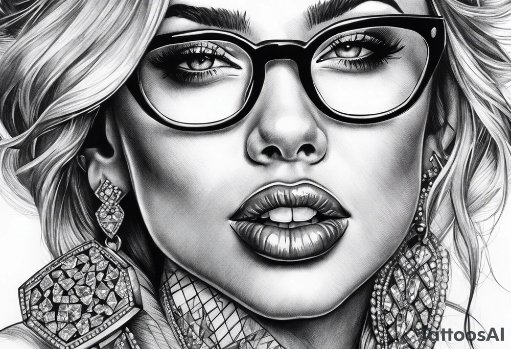 Woman with glasses biting diamonds tattoo idea