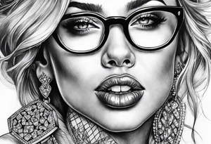 Woman with glasses biting diamonds tattoo idea