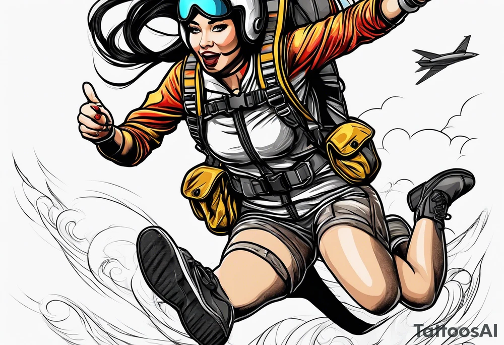 Black haired Woman skydiver jumping from plane with parachute tattoo idea