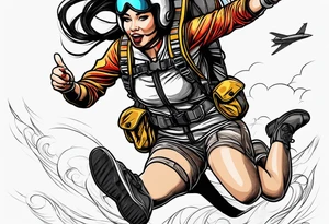 Black haired Woman skydiver jumping from plane with parachute tattoo idea