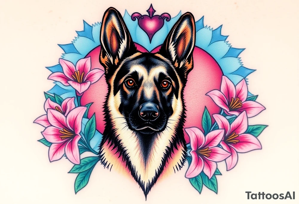 realistic german shepherd with alert ears looking protective surrounded by pink lilies with leaves in front of a sacred heart tattoo idea