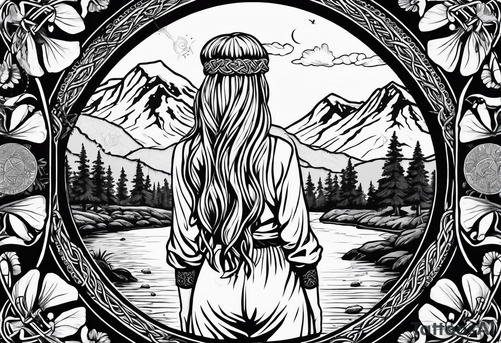 Whole picture encircled fully

Straight long blonde hair hippie girl in distance holding mushrooms in hand facing away toward mountains and creek surrounded by mushrooms long sleeve shirt and hiking pants; whole rendering within a full celtic circle, no cut off circle tattoo idea