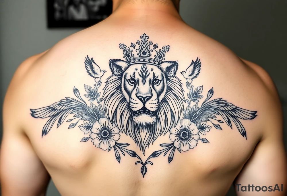 powerful majestic lion with a crown, surrounded by floral ornaments and birds tattoo idea