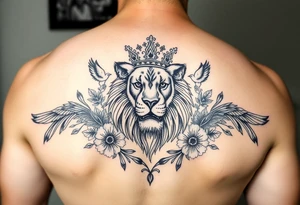 powerful majestic lion with a crown, surrounded by floral ornaments and birds tattoo idea