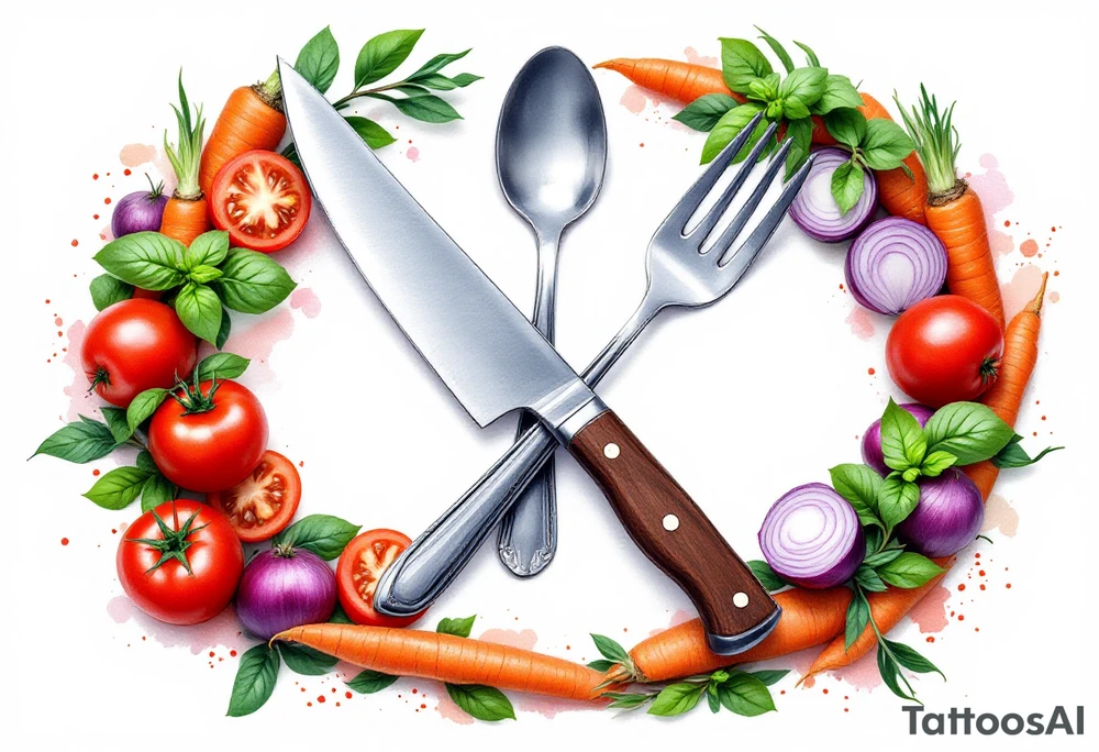 A realistic kitchen tattoo design showing a large silver kitchen knife with a dark brown wooden handle crossed over a shiny silver fork and spoon, all placed diagonally, surrounded by whole and sliced vegetables including bright red round tomatoes, leafy green basil, long orange carrots with green tops, and round purple onions with visible rings, all arranged in a circular wreath shape with a soft white background and subtle watercolor splashes of green, red, and orange for depth. tattoo idea
