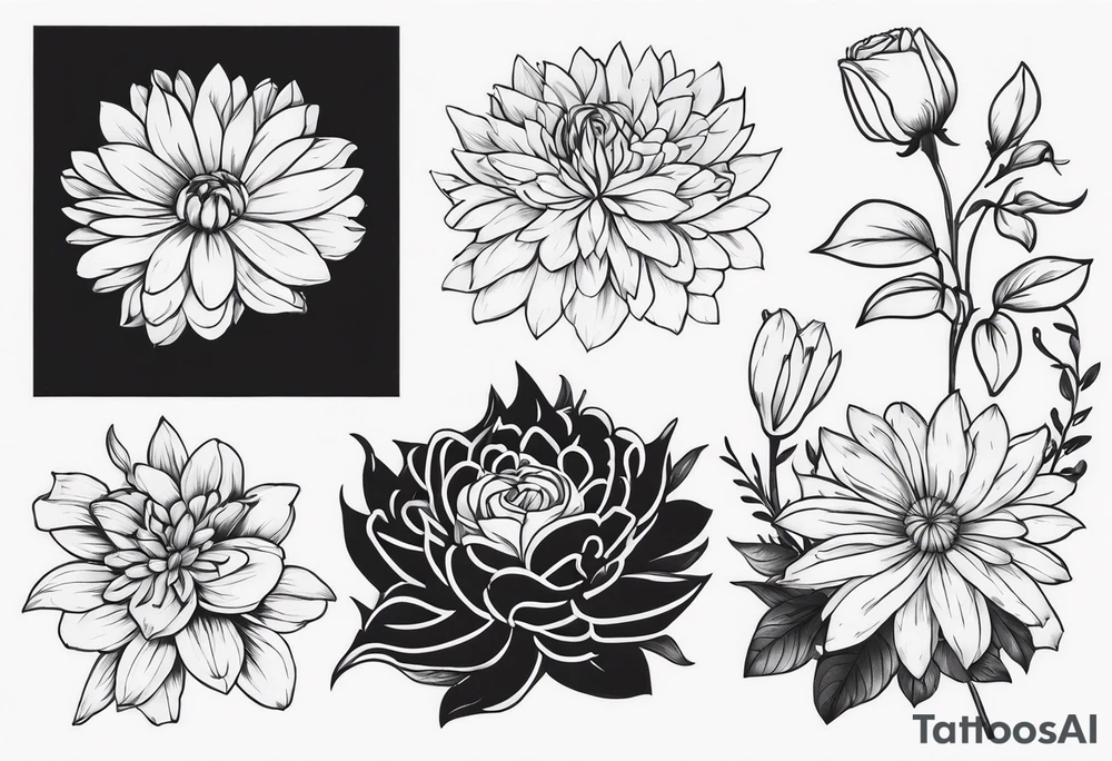 Asters, roses, lily, and chrysanthemums sleeve tattoo idea