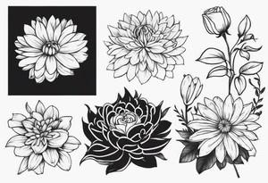 Asters, roses, lily, and chrysanthemums sleeve tattoo idea