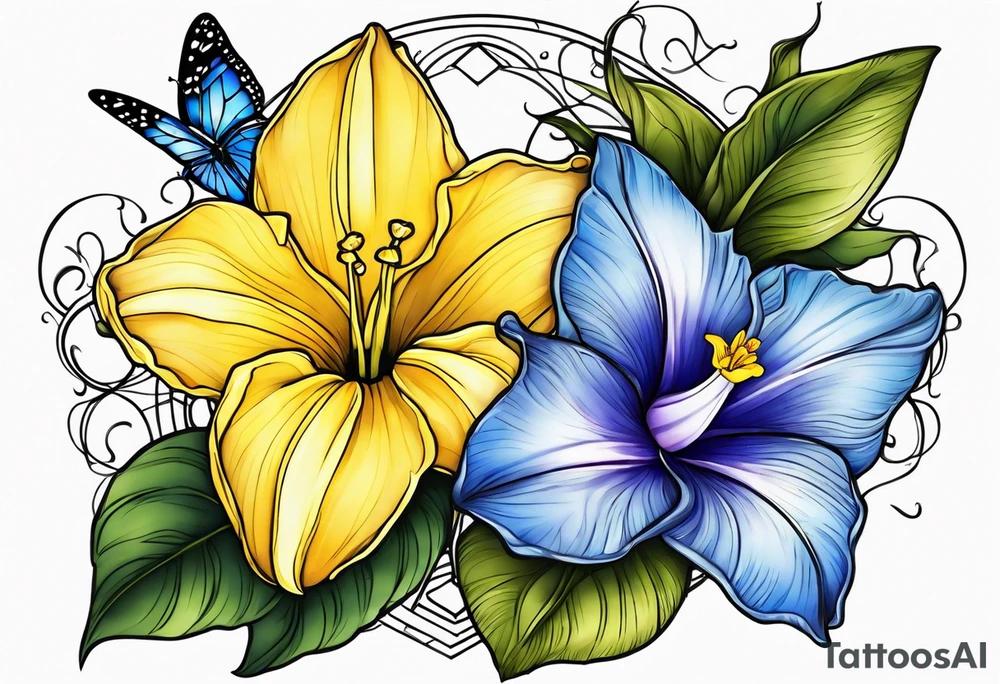 morning glory and daffodil with butterflies tattoo idea