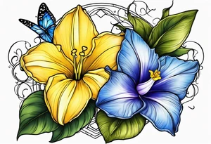 morning glory and daffodil with butterflies tattoo idea