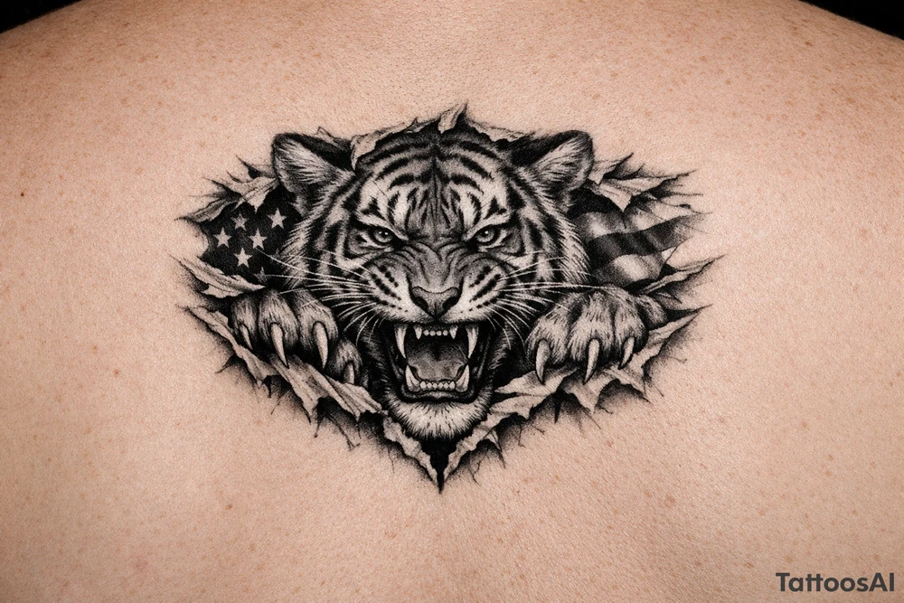 Tiger ripping throught the chest with the American Flag in the background.  Almost like the Amercian Flag is the blood of the body.  Make it bigger and add color.  The tiger should be more front.  So the ears are out from the body. tattoo idea