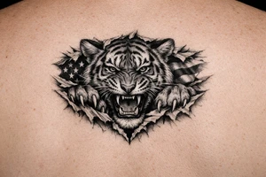 Tiger ripping throught the chest with the American Flag in the background.  Almost like the Amercian Flag is the blood of the body.  Make it bigger and add color.  The tiger should be more front.  So the ears are out from the body. tattoo idea