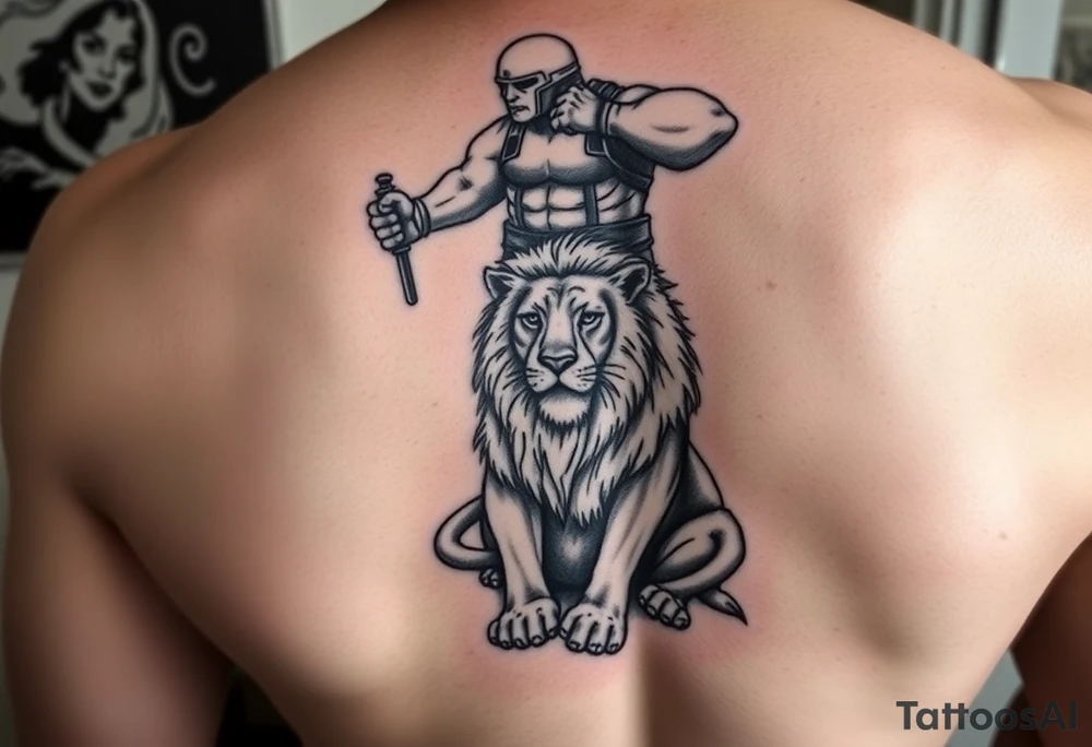 powerful majestic lion on a chain sitting under a giant of a person tattoo idea
