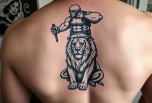 powerful majestic lion on a chain sitting under a giant of a person tattoo idea