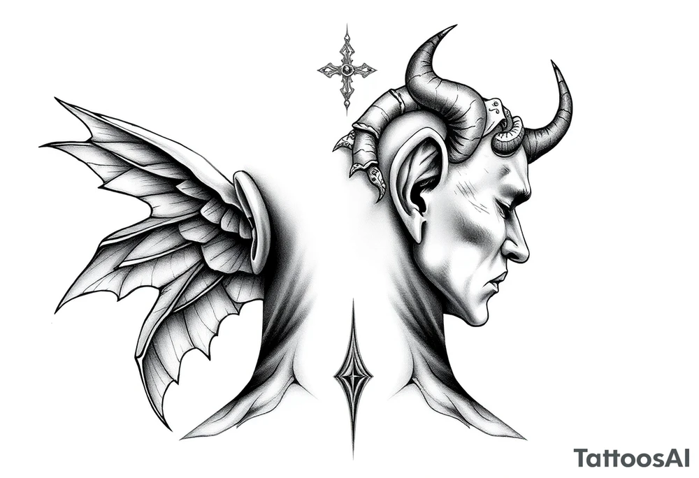 position behind the neck Angel (on the right) whispering in the right ear, demon (on the left) whispering in the left ear. It must be as realistic as possible. tattoo idea