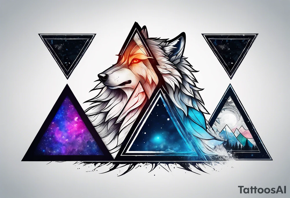 Three triangles. First triangle: Wolf. Second triangle: Snow. Third triangle: Thor, terrible. tattoo idea