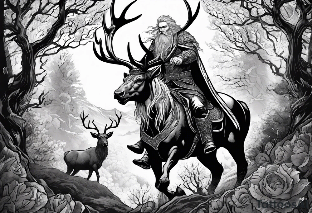 Nordic god Balder in the land of the dead riding on an undead stag tattoo idea